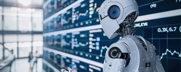 Fototapeta premium A robot is standing in front of a wall of monitors displaying stock market data. The robot appears to be focused on the screens. Concept of technology and automation