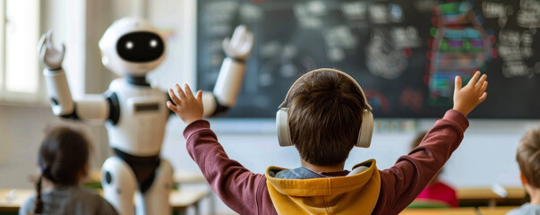 A robot is standing in front of a classroom full of children. The robot is wearing headphones and is waving to the children