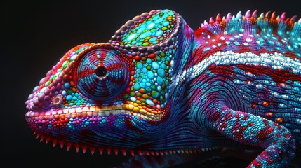 Fototapeta premium realistic multicolored chameleon with iridescent skin in speckles over black background