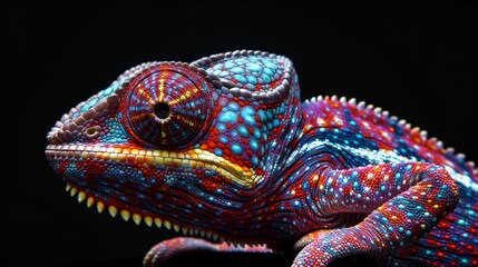 Fototapeta premium realistic multicolored chameleon with iridescent skin in speckles over black background