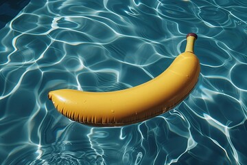 Inflatable Banana Fruit Floatie Summer Pool Party Fun Backdrop, Floating Poolside Swimming Toy, Whimsical Hot Sunny Day Wallpaper, Blue Water Themed Background Graphic