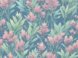 Floral Watercolor Pattern with Pink Wildflowers - Elegant seamless watercolor pattern featuring delicate pink wildflowers set against a soft blue background