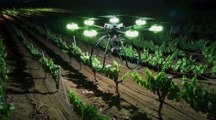 A drone equipped with neon green and white LEDs flying over a vineyard at night, highlighting the...