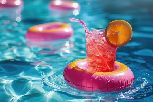 Pink Drink in an Inflatable Floatie, Food and Beverage Art, Summer Pool Party Fun Backdrop, Floating Poolside Swimming Toy, Whimsical Hot Sunny Day Wallpaper, Blue Water Themed Background Graphic