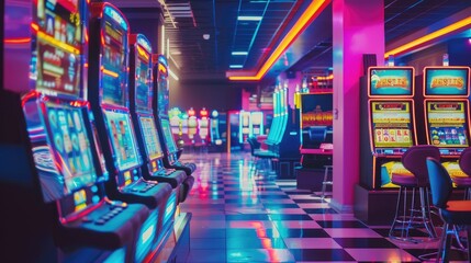 Empty casino with brightly lit slot machines and silent gambling tables, no people visible.