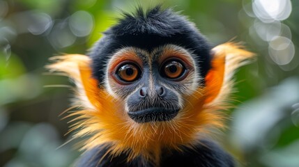 Obraz premium Red-shanked douc langurs, Pygathrix namaeus, detail portrait of cute rare andemic monkey in the nature habitat
