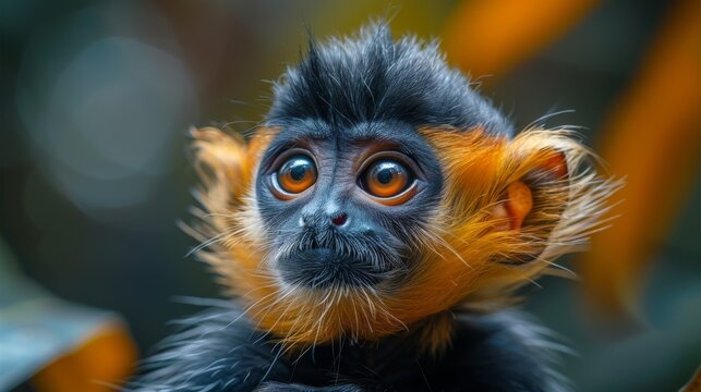 Red-shanked douc langurs, Pygathrix namaeus, detail portrait of cute rare andemic monkey in the nature habitat