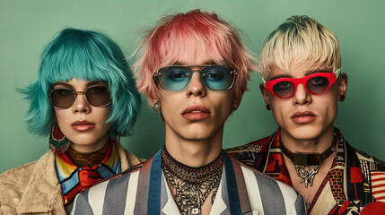 Obraz premium Three young fashionable people with colorful hair posing together