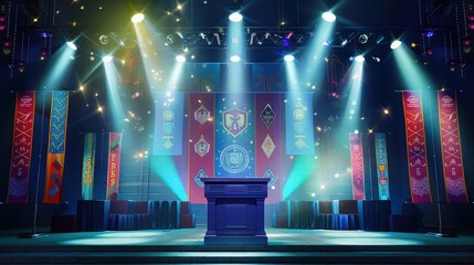 A graduation party stage with a grand podium, spotlights shining on a backdrop of school colors and symbols, and festive banners celebrating the graduates.