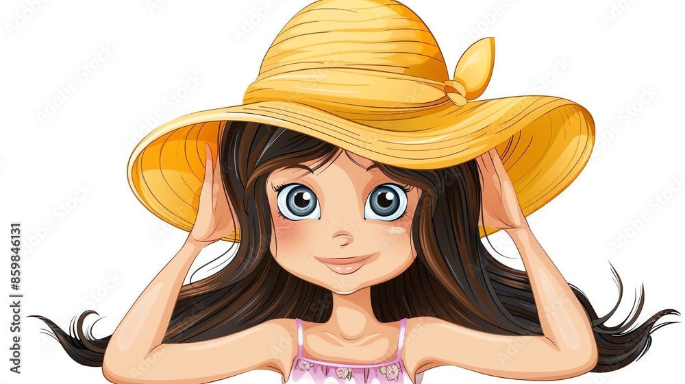 Canvas Prints A cartoon girl wearing a big yellow sun hat.