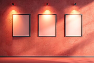 Three empty square frames in a diagonal line on a coral wall, each frame lit by a spotlight, creating a vibrant and stylish display