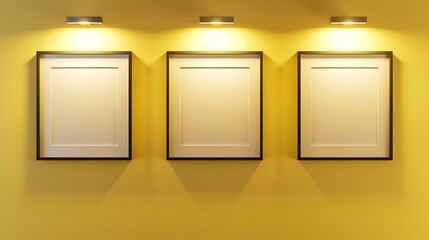 Three empty square frames in a horizontal line on a lemon yellow wall, each frame softly illuminated by a spotlight, creating a bright and cheerful display