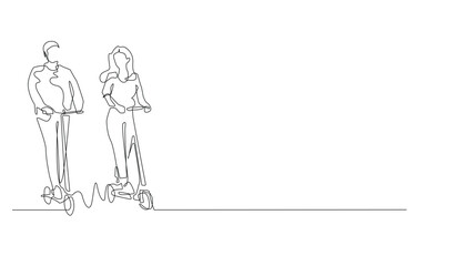 continuous line of electric scooter.one line drawing of man and woman riding an electric scooter .isolated white background
