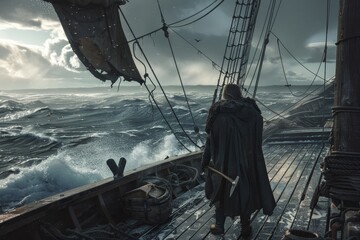 A man stands on a boat in the middle of a stormy sea generated by AI