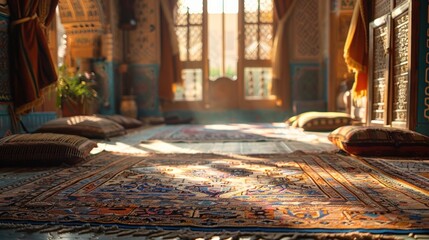 Sunlit Interior with Colorful Carpets and Pillows