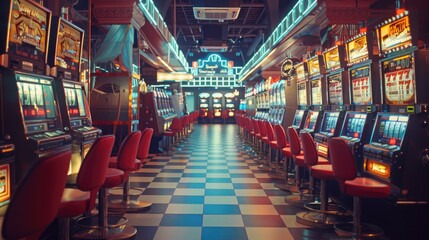 A quiet, empty casino hall with rows of slot machines and poker tables devoid of players.