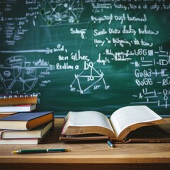 Open Book on Desk in Front of Chalkboard