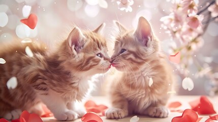 Tender Love on International Kissing Day - Pair of Kittens Touching Noses Surrounded by Hearts and Petals