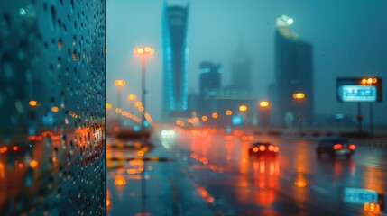 Obraz premium Rainy Cityscape Through a Wet Window