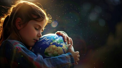 Naklejka premium A girl giving a heartfelt hug to a globe, representing love and care for the planet.