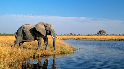 Naklejka premium Elephant by a River in the African Savanna