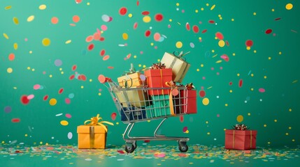 Online shopping spree representation with a cart full of bright gift boxes on a green backdrop with confetti