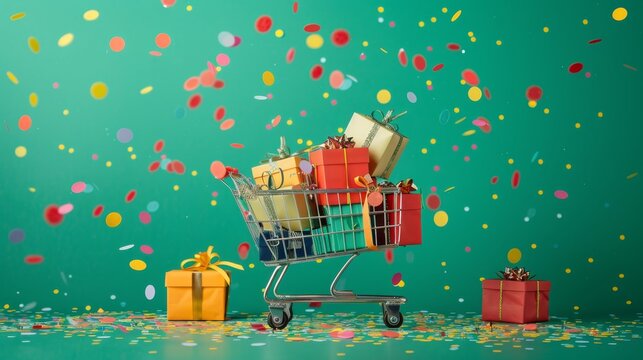 Online shopping spree representation with a cart full of bright gift boxes on a green backdrop with confetti