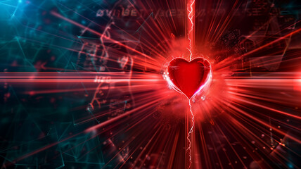 Digital Heart with Electric Lightning and Abstract Background in Red and Blue Tones