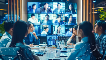 High-tech boardroom with digital connectivity and remote collaboration
