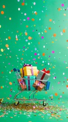 Online shopping celebration with a cart overflowing with colorful gifts on a green background with confetti, representing Black Friday sales