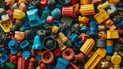 Obraz premium A pile of colorful plastic pieces, including some that look like buildings