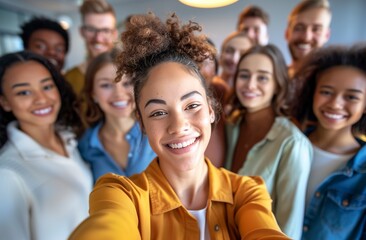 Obraz premium Diverse group of young professionals smiling and taking a selfie in an office setting, symbolizing employee community and team building.Labor Day, part-time, happy, hard-working, active