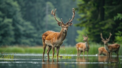 Obraz premium A Deer Stands in a Forest Lake