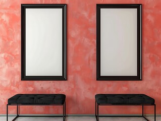 Two black frames on a coral wall, chic and trendy living room
