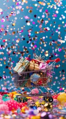 Shopping cart packed with various products on a celebratory confetti backdrop, emphasizing Black Friday online sales