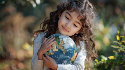 Fototapeta premium Young girl holding a globe close, showing love and dedication to preserving the earth.