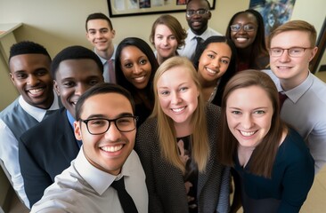 Diverse group of young professionals smiling and taking a selfie in an office setting, symbolizing employee community and team building.Labor Day, part-time, happy, hard-working, active