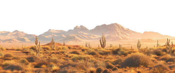 Desert with cactuses and other plants, mountains on background, cut out