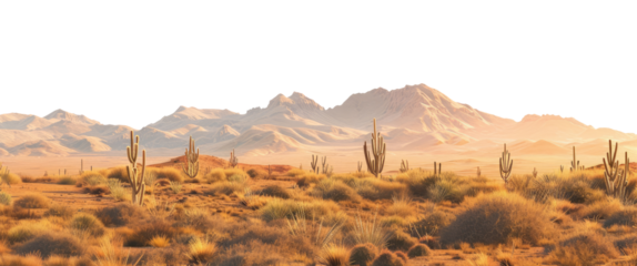 Desert with cactuses and other plants, mountains on background, cut out