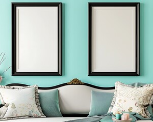 Two black frames on a pastel turquoise wall, serene coastal living room theme