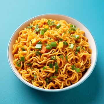 Plain Masala Maggi in bowl on blue background