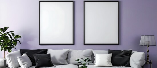 Two black frames on a soft lavender wall, tranquil and stylish living room