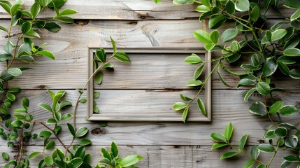 Vintage photo frame with green leaves on wooden surface for design idea