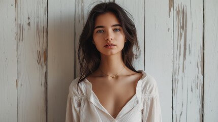 Fototapeta premium Woman with long dark hair posing in front of white wooden wall.