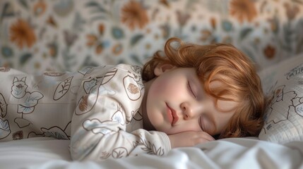 Obraz premium Peaceful RedHaired Child Sleeping in Cozy Bed with Floral Wallpaper Background