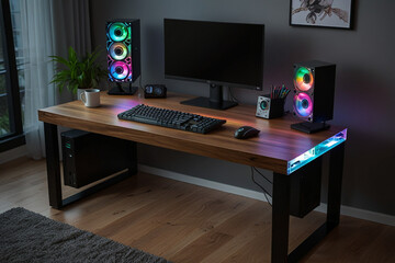 Naklejka premium RGB Gaming pc | liqued cooler computers | gaming case | components of a computer | desktop maching | Technology