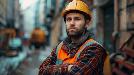 Construction Worker Wearing Hard Hat and Safety Vest on Urban Construction Site