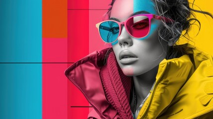 Fashionable Woman with Colorful Sunglasses and Jacket Against Vibrant Geometric Background