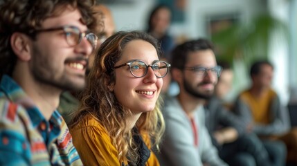 Obraz premium A smiling creative team listens to a lecture in a business, education, and photography concept