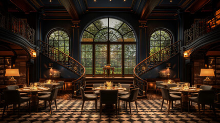 A restaurant with a double staircase, the background wall facing the staircase is designed in a new Chinese style, and the perspective of the background wall facing the staircase. 